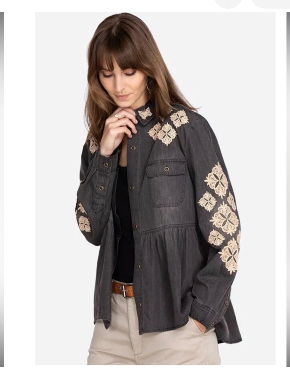 Johnny Was Embroidered Charcoal Button-Up Peplum Blouse - Beige Accents XL - Picture 2 of 4
